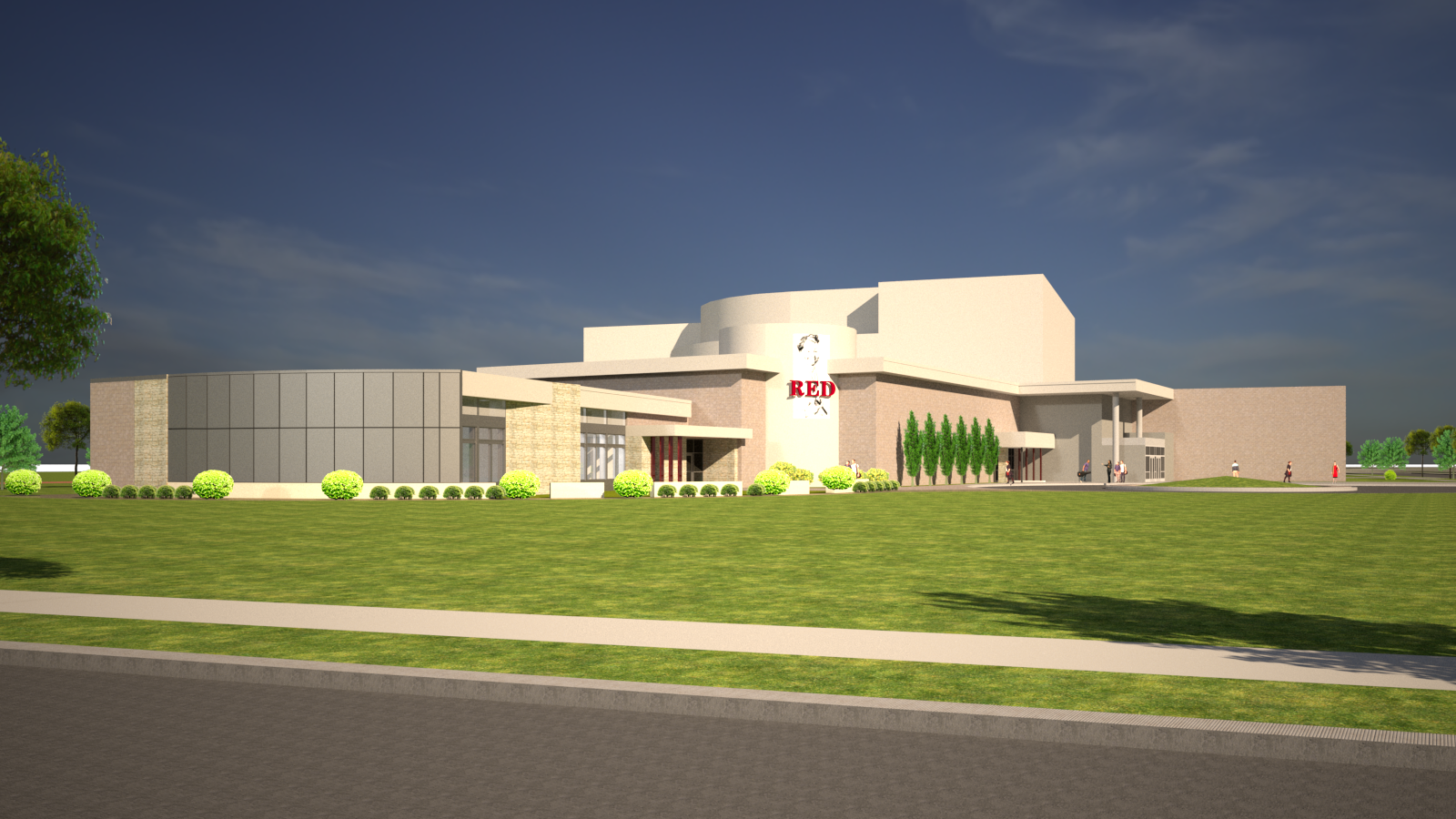 Red Skelton Museum expansion rendering featuring the Red Skelton Museum of American Comedy and Red Skelton Performing Arts Center with expansion next to museum.