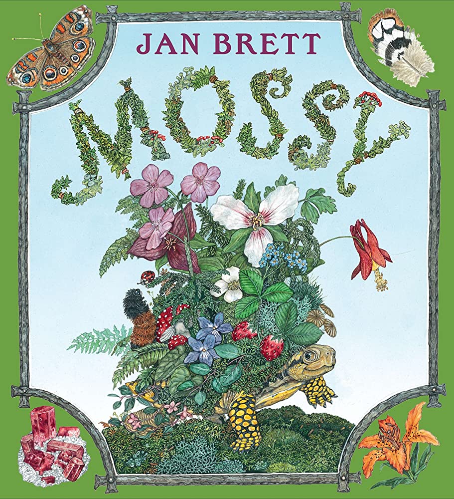 Colorful book cover of "Mossy" featuring Mossy the turtle who has gorgeous flowers and greenery growing on her shell